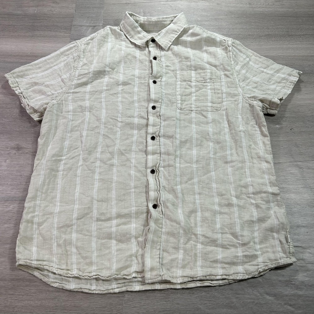 Katin Shirt Mens XL Beige White Stripe Short Sleeve Button Front Casual